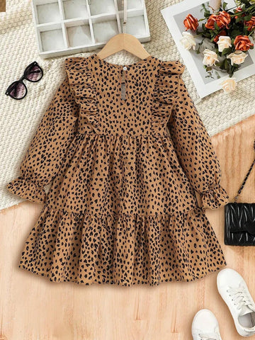 Young Girl Cute Leopard & Lotus Leaf Trim Long Sleeve Dress