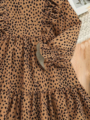 Young Girl Cute Leopard & Lotus Leaf Trim Long Sleeve Dress