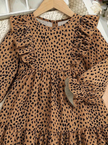 Young Girl Cute Leopard & Lotus Leaf Trim Long Sleeve Dress