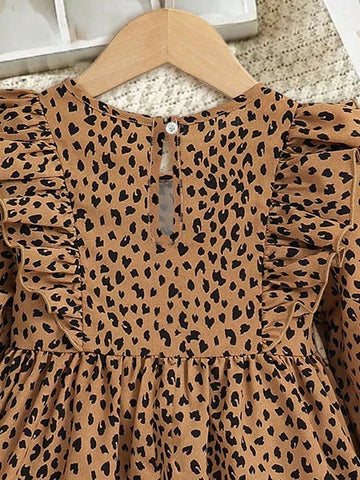 Young Girl Cute Leopard & Lotus Leaf Trim Long Sleeve Dress