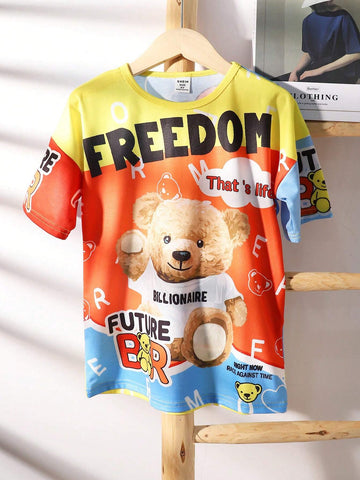 Young Girl Cute Letter Printed Drop Shoulder Dress, Suitable For Summer