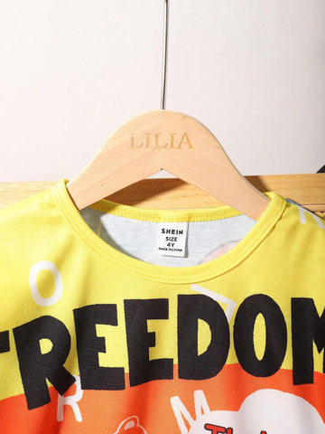 Young Girl Cute Letter Printed Drop Shoulder Dress, Suitable For Summer