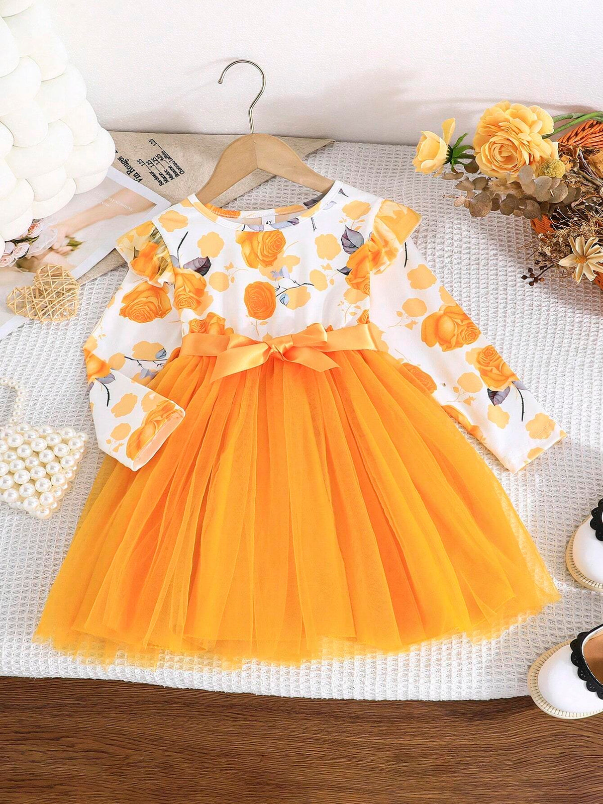 Young Girl Cute Long Sleeve Cap Sleeve Floral Printed Mesh Hem Dress, Spring Autumn