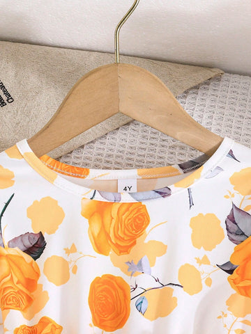 Young Girl Cute Long Sleeve Cap Sleeve Floral Printed Mesh Hem Dress, Spring Autumn