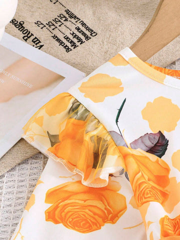Young Girl Cute Long Sleeve Cap Sleeve Floral Printed Mesh Hem Dress, Spring Autumn