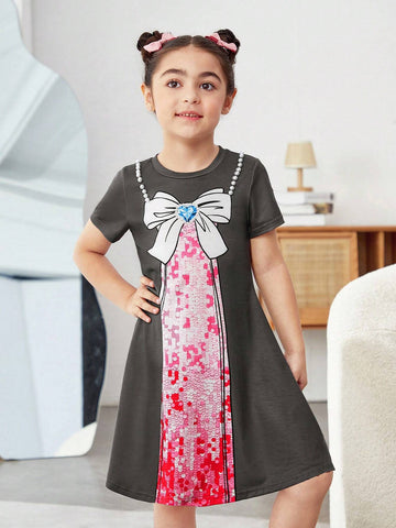 Young Girl Cute Pearls Beaded Detail Fishtail Faux Two Piece Summer T-Shirt Dress