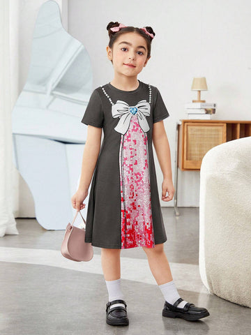 Young Girl Cute Pearls Beaded Detail Fishtail Faux Two Piece Summer T-Shirt Dress