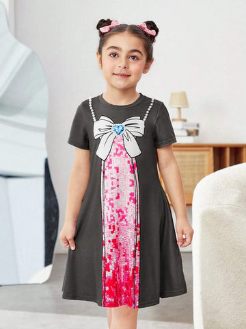 Young Girl Cute Pearls Beaded Detail Fishtail Faux Two Piece Summer T-Shirt Dress