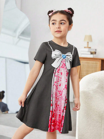 Young Girl Cute Pearls Beaded Detail Fishtail Faux Two Piece Summer T-Shirt Dress