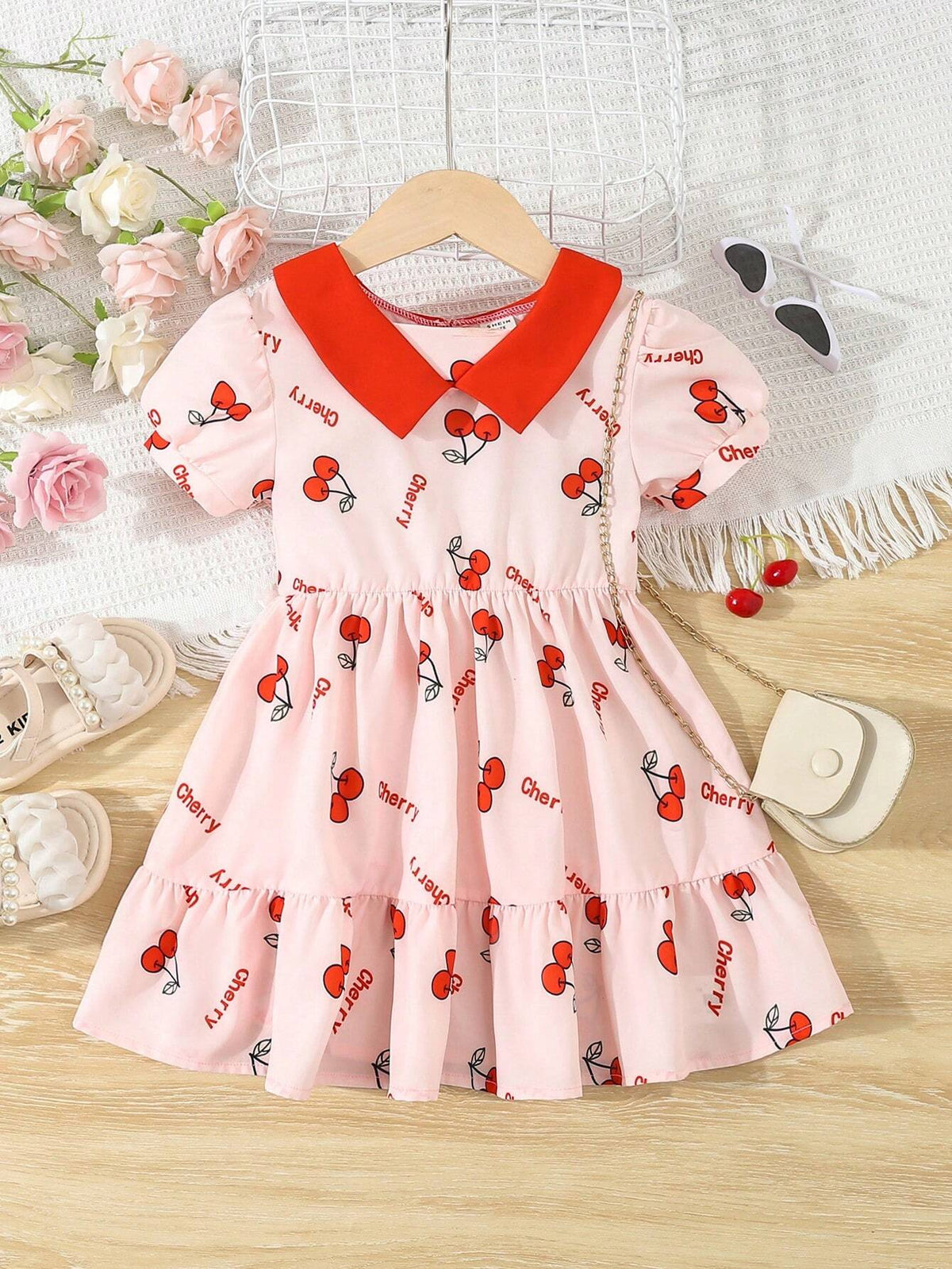 Young Girl Cute Peter Pan Collar Pink Cherry Printed Dress, Summer