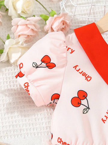 Young Girl Cute Peter Pan Collar Pink Cherry Printed Dress, Summer