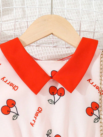 Young Girl Cute Peter Pan Collar Pink Cherry Printed Dress, Summer