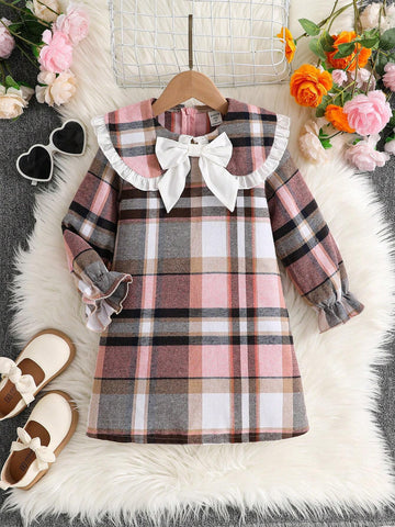 Young Girl Cute Peter Pan Collar Plaid Color Block Big Bow Long Sleeve Dress With Ruffled Hemline, Great For Casual & Daily Wear & School Daily In Autumn Winter