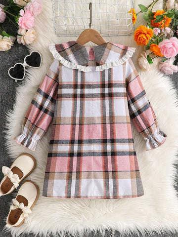 Young Girl Cute Peter Pan Collar Plaid Color Block Big Bow Long Sleeve Dress With Ruffled Hemline, Great For Casual & Daily Wear & School Daily In Autumn Winter