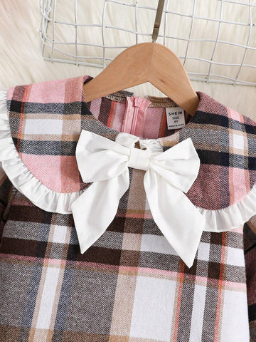 Young Girl Cute Peter Pan Collar Plaid Color Block Big Bow Long Sleeve Dress With Ruffled Hemline, Great For Casual & Daily Wear & School Daily In Autumn Winter