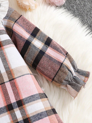 Young Girl Cute Peter Pan Collar Plaid Color Block Big Bow Long Sleeve Dress With Ruffled Hemline, Great For Casual & Daily Wear & School Daily In Autumn Winter