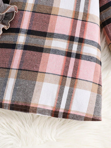 Young Girl Cute Peter Pan Collar Plaid Color Block Big Bow Long Sleeve Dress With Ruffled Hemline, Great For Casual & Daily Wear & School Daily In Autumn Winter