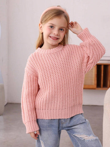 Young Girl Cute Pink Basics Cable Knit Drop Shoulder Ribbed Knit Pullover Sweater,Warm And Comfortable Long Sleeve