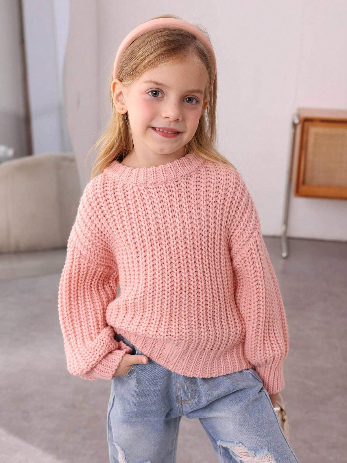 Young Girl Cute Pink Basics Cable Knit Drop Shoulder Ribbed Knit Pullover Sweater,Warm And Comfortable Long Sleeve