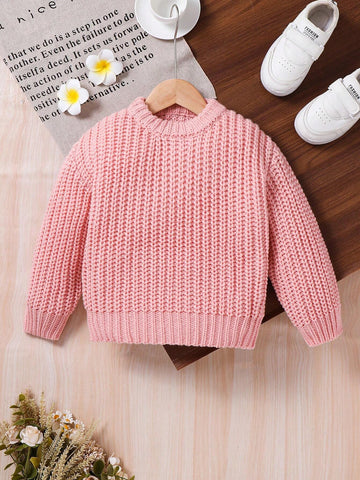 Young Girl Cute Pink Basics Cable Knit Drop Shoulder Ribbed Knit Pullover Sweater,Warm And Comfortable Long Sleeve