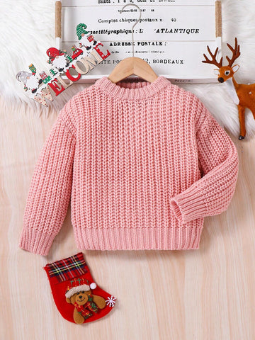 Young Girl Cute Pink Basics Cable Knit Drop Shoulder Ribbed Knit Pullover Sweater,Warm And Comfortable Long Sleeve