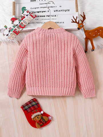 Young Girl Cute Pink Basics Cable Knit Drop Shoulder Ribbed Knit Pullover Sweater,Warm And Comfortable Long Sleeve
