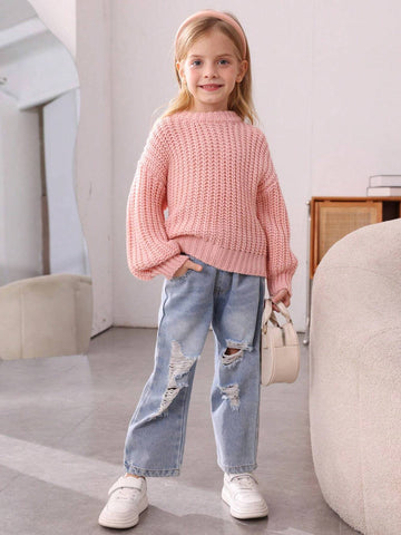 Young Girl Cute Pink Basics Cable Knit Drop Shoulder Ribbed Knit Pullover Sweater,Warm And Comfortable Long Sleeve