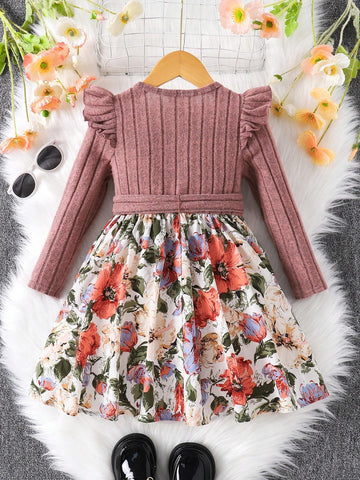 Young Girl Cute Pink Knit Patchwork Floral Print Ruff Sleeve Belted Dress School Style Dress