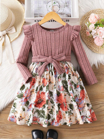 Young Girl Cute Pink Knit Patchwork Floral Print Ruff Sleeve Belted Dress School Style Dress