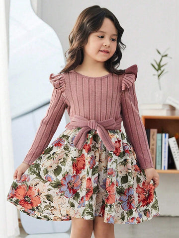 Young Girl Cute Pink Knit Patchwork Floral Print Ruff Sleeve Belted Dress School Style Dress
