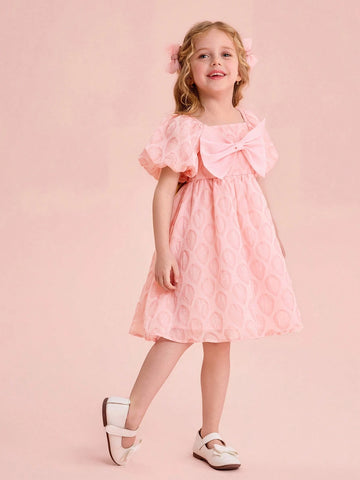 Young Girl Cute Pink Textured Chiffon Bowknot Summer Dress