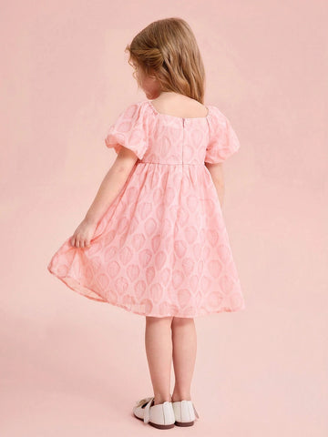 Young Girl Cute Pink Textured Chiffon Bowknot Summer Dress