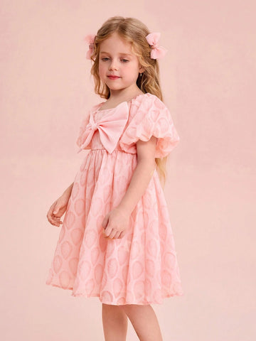 Young Girl Cute Pink Textured Chiffon Bowknot Summer Dress