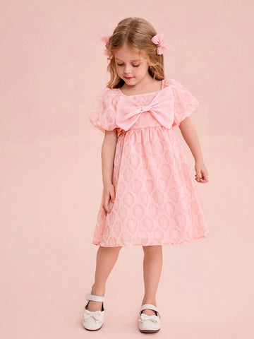 Young Girl Cute Pink Textured Chiffon Bowknot Summer Dress