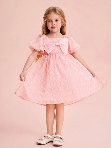 Young Girl Cute Pink Textured Chiffon Bowknot Summer Dress