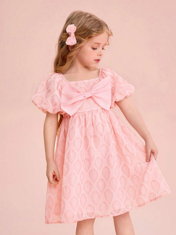 Young Girl Cute Pink Textured Chiffon Bowknot Summer Dress