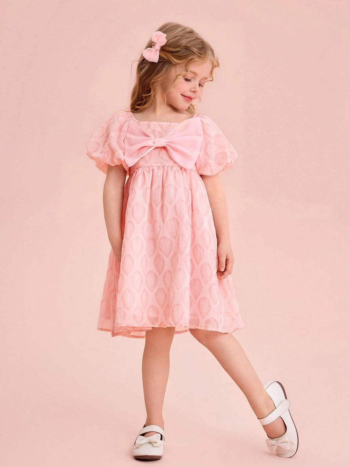 Young Girl Cute Pink Textured Chiffon Bowknot Summer Dress