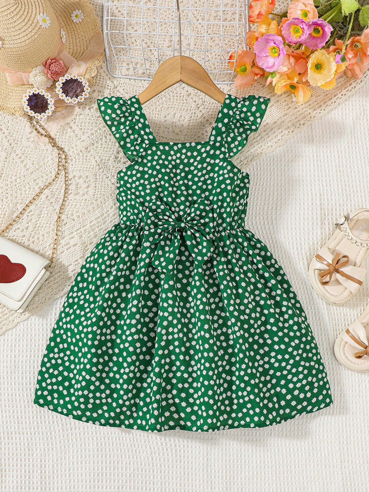 Young Girl Cute Polka Dot Print Ruffle Trim Cami Dress For Summer Party Gift