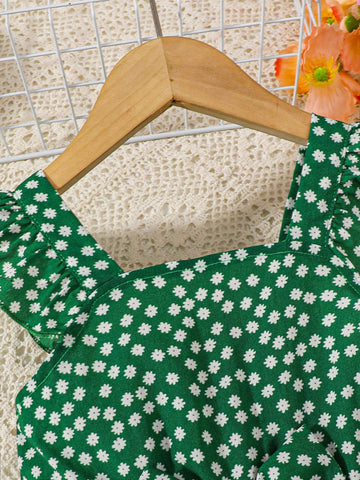 Young Girl Cute Polka Dot Print Ruffle Trim Cami Dress For Summer Party Gift