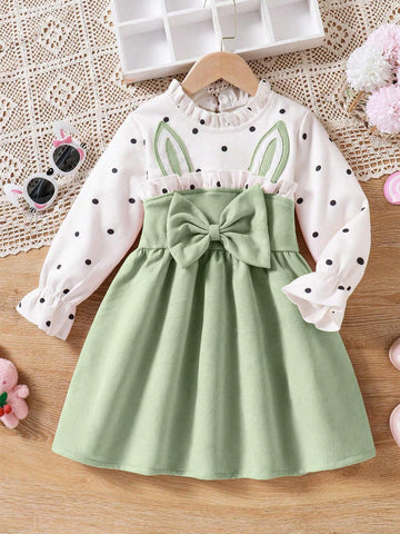 Young Girl Cute Polka Dot Rabbit Ear Decor Ruffle Hem Stand Collar Long Sleeve Dress, Autumn/Winter New Arrival
