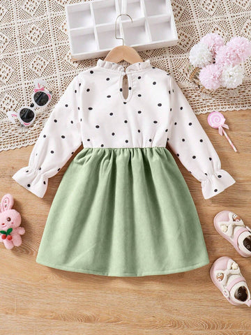Young Girl Cute Polka Dot Rabbit Ear Decor Ruffle Hem Stand Collar Long Sleeve Dress, Autumn/Winter New Arrival