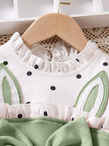 Young Girl Cute Polka Dot Rabbit Ear Decor Ruffle Hem Stand Collar Long Sleeve Dress, Autumn/Winter New Arrival