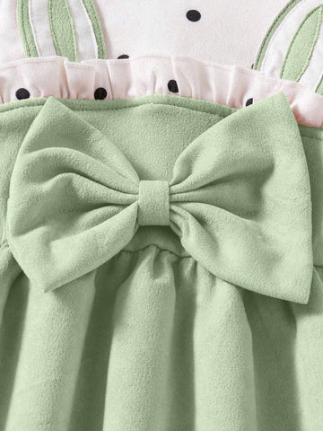 Young Girl Cute Polka Dot Rabbit Ear Decor Ruffle Hem Stand Collar Long Sleeve Dress, Autumn/Winter New Arrival