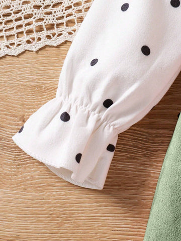 Young Girl Cute Polka Dot Rabbit Ear Decor Ruffle Hem Stand Collar Long Sleeve Dress, Autumn/Winter New Arrival