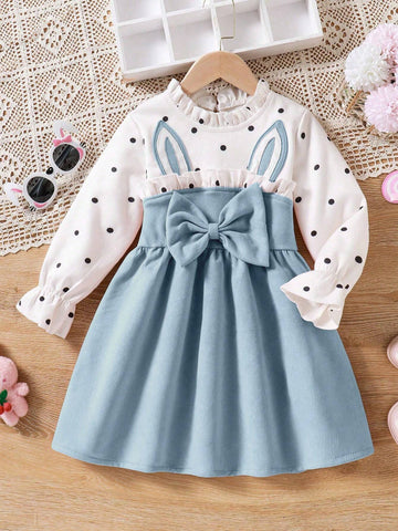 Young Girl' Cute Polka Dot & Rabbit Ear Design Ruffled Collar Long Sleeve Dress, Autumn/Winter New