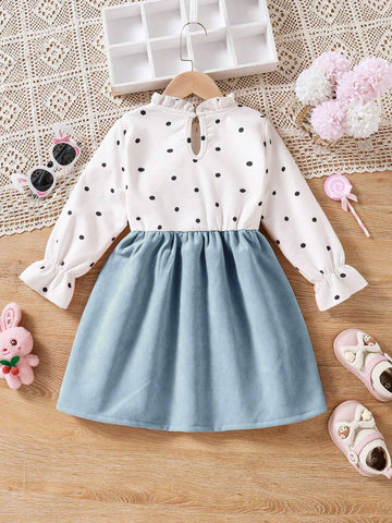 Young Girl' Cute Polka Dot & Rabbit Ear Design Ruffled Collar Long Sleeve Dress, Autumn/Winter New