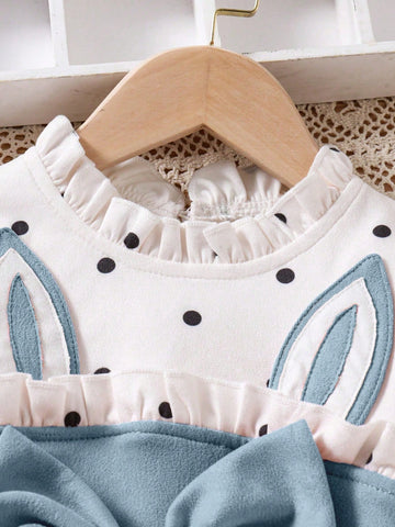 Young Girl' Cute Polka Dot & Rabbit Ear Design Ruffled Collar Long Sleeve Dress, Autumn/Winter New