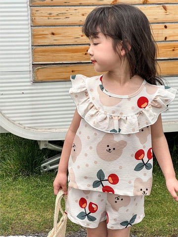 Young Girl Cute Printed Short Sleeve T-Shirt + Sports Shorts 2pcs/Set