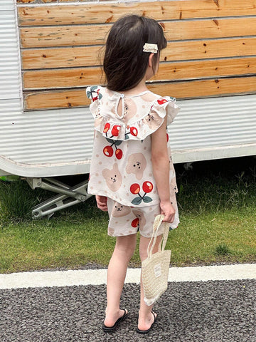 Young Girl Cute Printed Short Sleeve T-Shirt + Sports Shorts 2pcs/Set