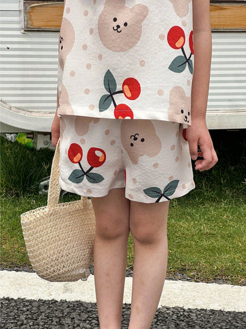 Young Girl Cute Printed Short Sleeve T-Shirt + Sports Shorts 2pcs/Set